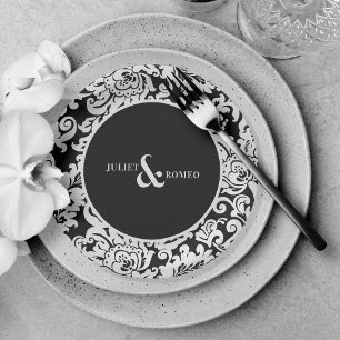 Modern Black & White Elegant Floral Damask Wedding Paper Plate