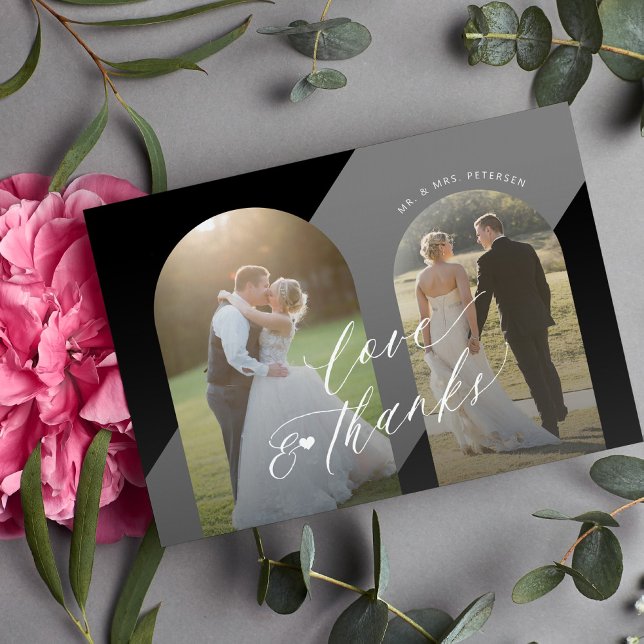Modern black white elegant script photo wedding thank you card (Creator Uploaded)