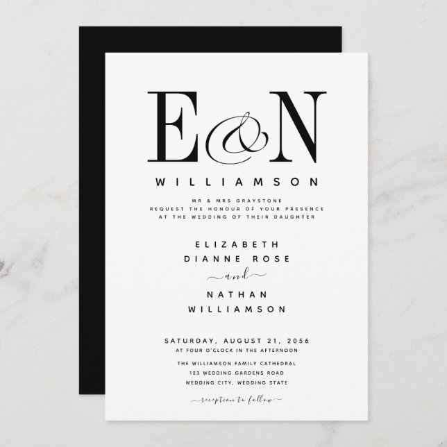 Modern Black & White Elegant Wedding Invitation (Front/Back)