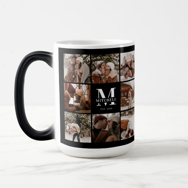 Modern Black & White Family Photo Collage Keepsake Magic Mug (Left)