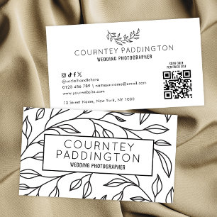 Modern Black & White Floral Beauty Salon QR Code Business Card