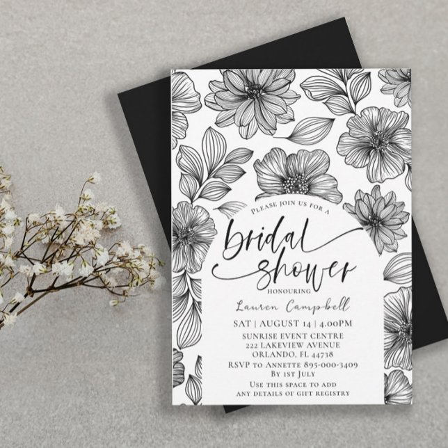 Modern Black & White Floral Bridal Shower  Invitation (Creator Uploaded)