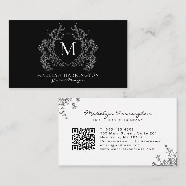 Modern Black White Floral Crest Monogram QR Code Business Card (Front/Back)