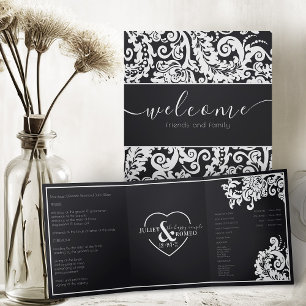 Modern Black White Floral Damask Elegant Wedding Tri-Fold Programme