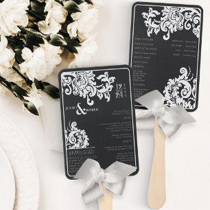 Modern Black White Floral Damask Wedding Program Hand Fan