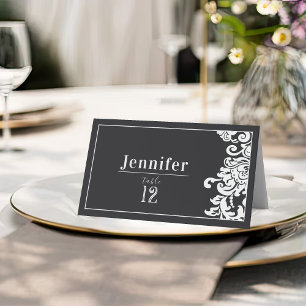 Modern Black & White Floral Damask Wedding Table  Place Card