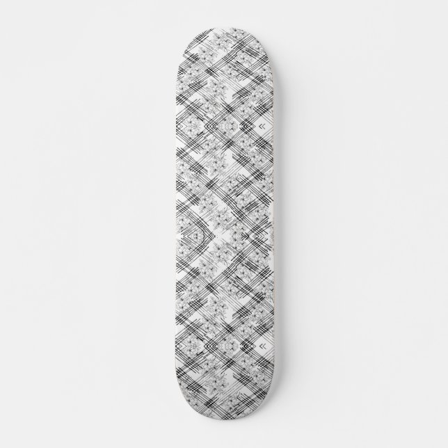 Modern Black & White Floral Geometric Pattern Skateboard (Front)