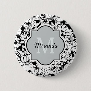 Modern Black White Floral Girly Monogram With Name 6 Cm Round Badge