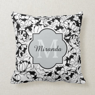 Modern Black White Floral Girly Monogram With Name Cushion