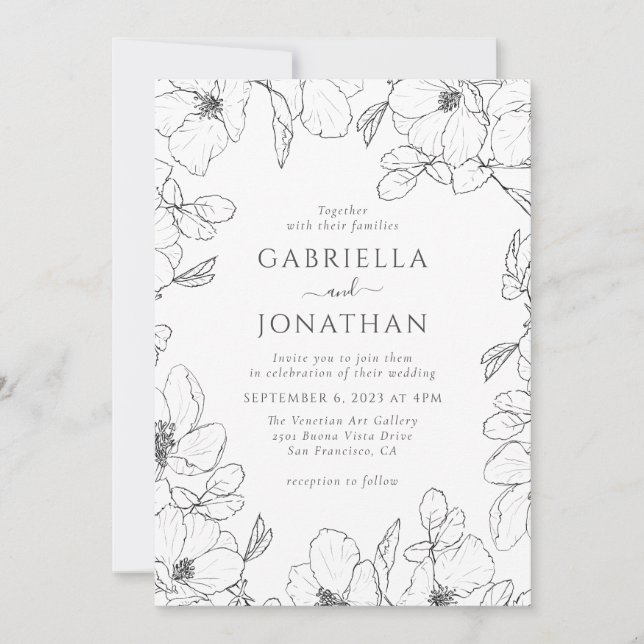 Modern Black White Floral Line Art Wedding Invitation (Front)