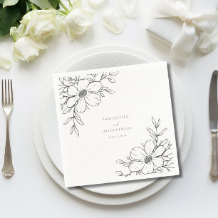 Modern Black White Floral Line Drawing Wedding  Napkin
