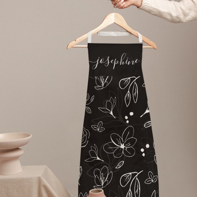 Modern Black White Floral lineart personalised Apron (Personalized apron with black and white floral design by Lorena Depante.)