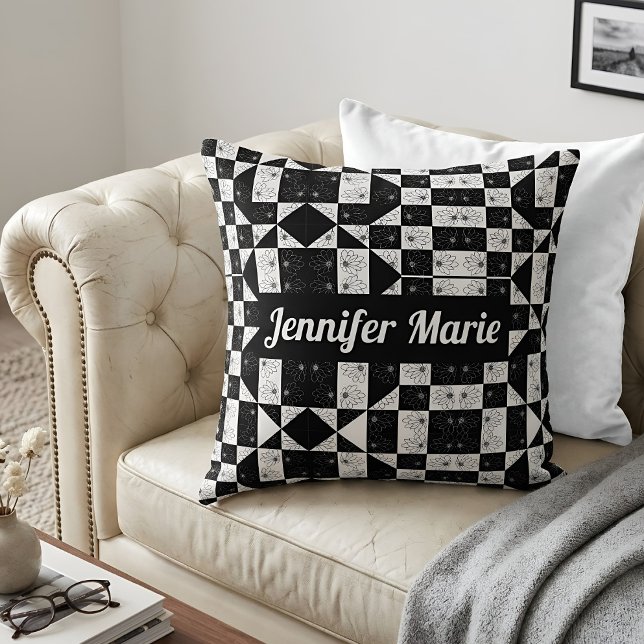 Modern Black & White Floral Pattern Custom Name Cushion (Creator Uploaded)