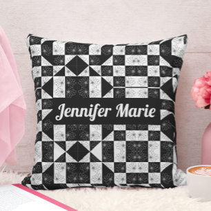 Modern Black & White Floral Pattern Custom Name Cushion
