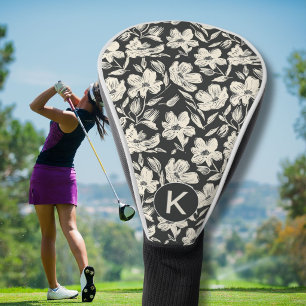 Modern Black White Floral Pattern Monogram Golf Head Cover