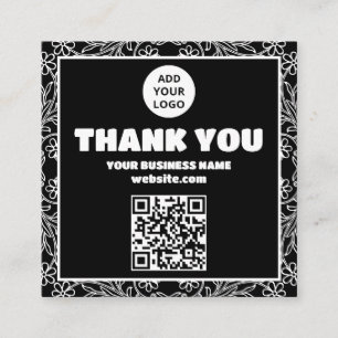 Modern Black White Floral QR code Order thank you Square Business Card