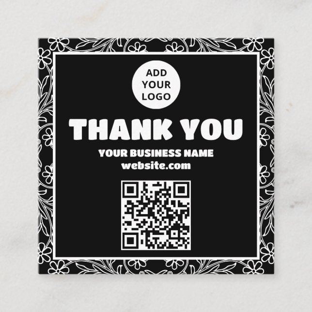 Modern Black White Floral QR code Order thank you Square Business Card (Front)