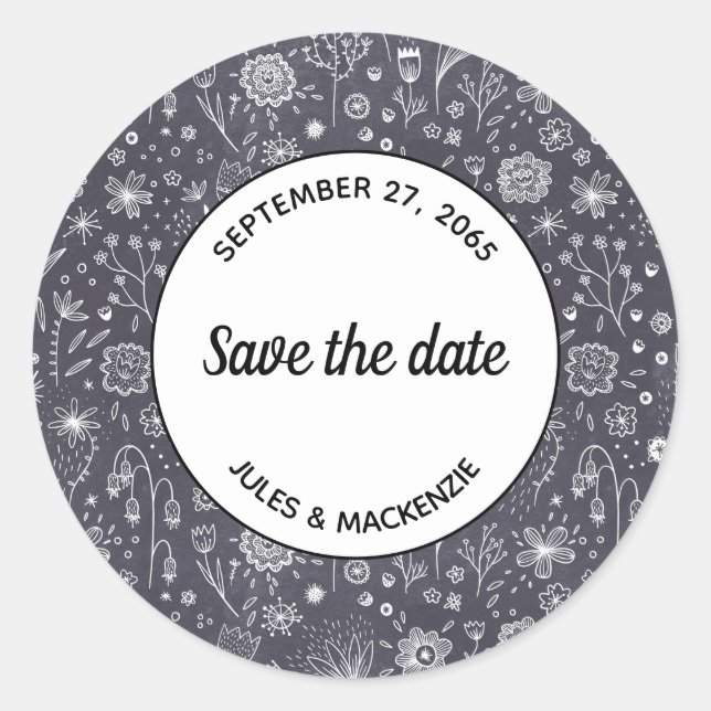 Modern Black White Floral Save the Date Wedding Classic Round Sticker (Front)