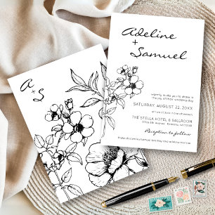 Modern Black & White Floral Simple Elegant Wedding Invitation