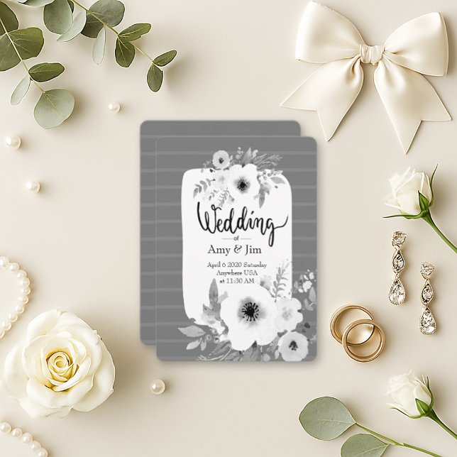 Modern Black White Floral Stripe Wedding  Invitation (Creator Uploaded)