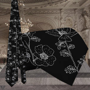 Modern Black & White Floral Vine Wedding Tie