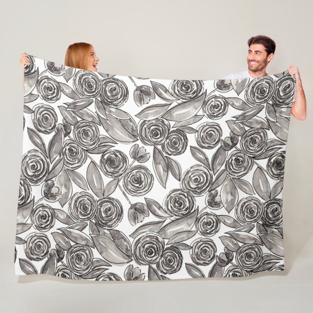 Modern Black White Floral Watercolor Pattern Fleece Blanket (In Situ)