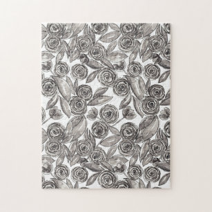 Modern Black White Floral Watercolor Pattern Jigsaw Puzzle