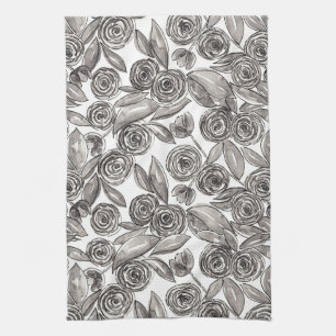 Modern Black White Floral Watercolor Pattern Tea Towel