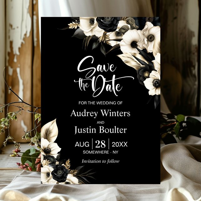 Modern Black White Floral Wedding Save the Date Invitation (Creator Uploaded)