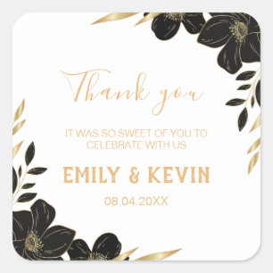 Modern Black & White, Floral wedding Thank you Square Sticker