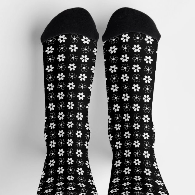 Modern Black & White Flower Pattern on Black Socks (Top)