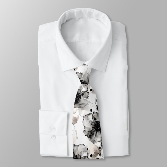 Modern Black White Flowers Alcohol Ink Tie (Tied)
