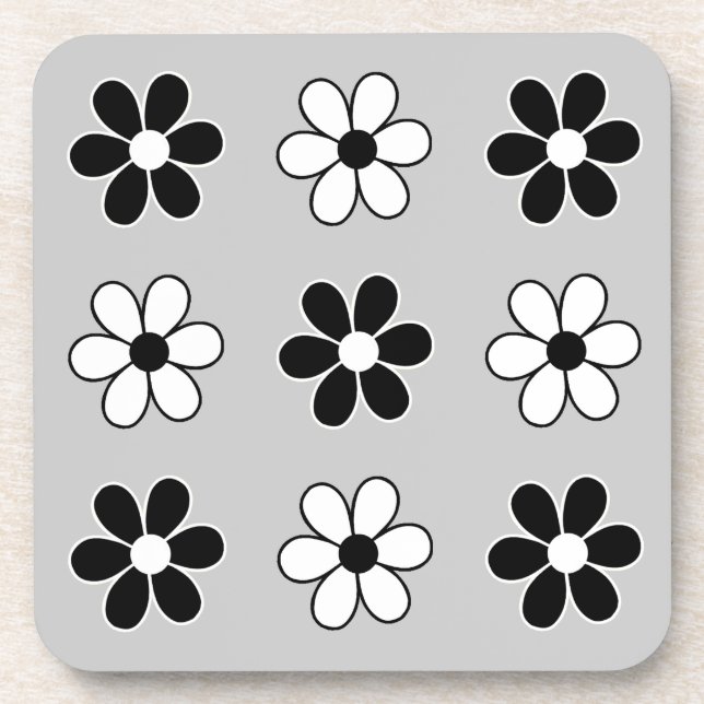 Modern Black & White Flowers on Light Silver Grey Coaster (Front)