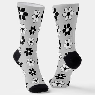 Modern Black & White Flowers on Light Silver Grey Socks