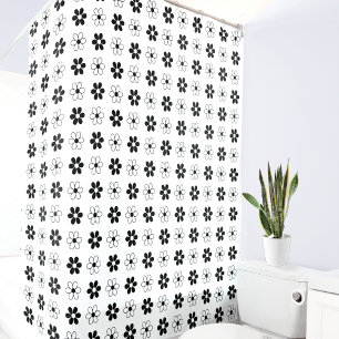 Modern Black & White Flowers on White Shower Curtain