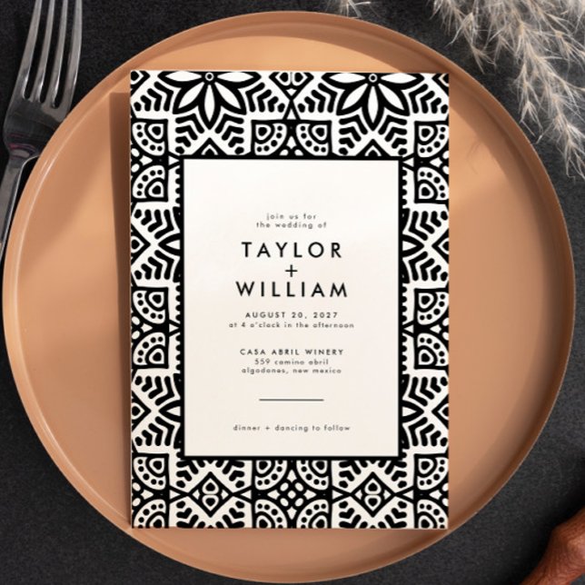 Modern Black White Folk Floral Wedding Invitation (Creator Uploaded)
