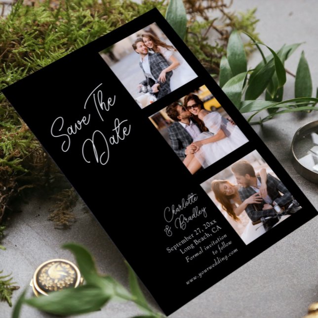 Modern Black White Four Photo Wedding Save The Date (Creator Uploaded)