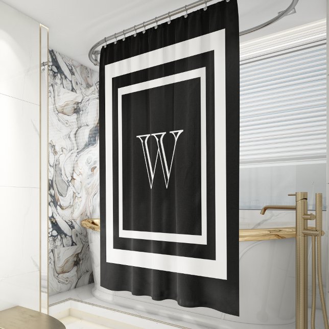 Modern Black White Framed Monogram Shower Curtain (Creator Uploaded)