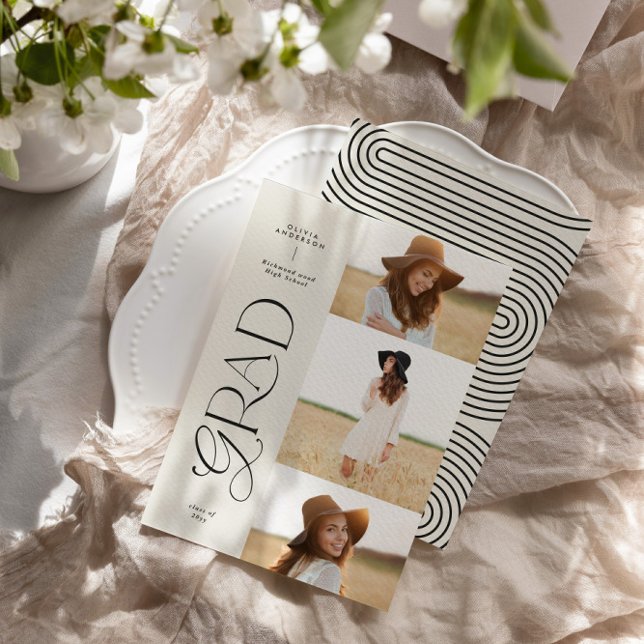 Modern black white geometric 3 photo graduation announcement (Creator Uploaded)