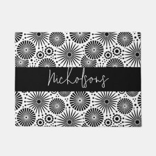 Modern black white geometric floral Family Name Doormat