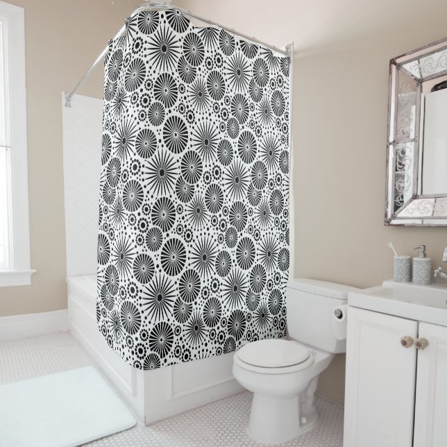 Modern Black White Geometric Flowers Starburst  Shower Curtain (In Situ)
