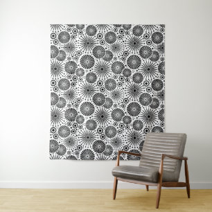 Modern Black White Geometric Flowers Starburst  Tapestry