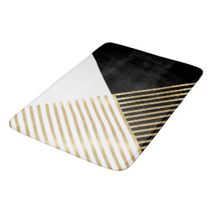 Modern Black White Geometric Gold Stripes Bath Mat