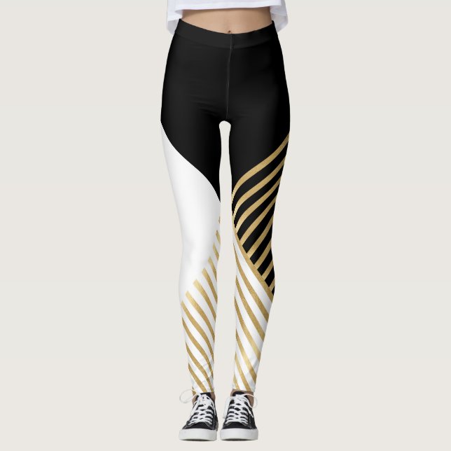 Modern Black White Geometric Gold Stripes Leggings (Front)