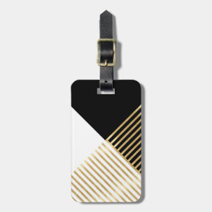 Modern Black White Geometric Gold Stripes Luggage Tag