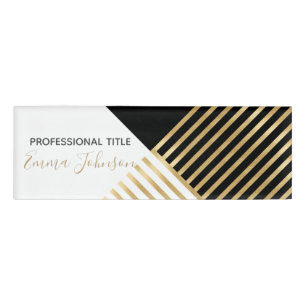 Modern Black White Geometric Gold Stripes Name Tag