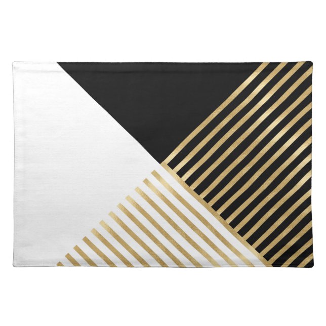 Modern Black White Geometric Gold Stripes Placemat (Front)