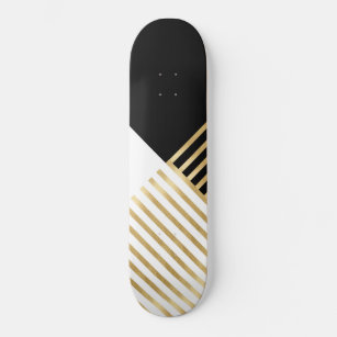 Modern Black White Geometric Gold Stripes Skateboard