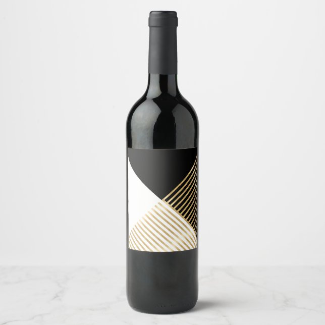 Modern Black White Geometric Gold Stripes Wine Label (Front)