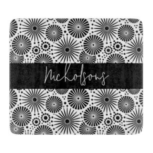 Modern black white geometric starburst Name  Cutting Board